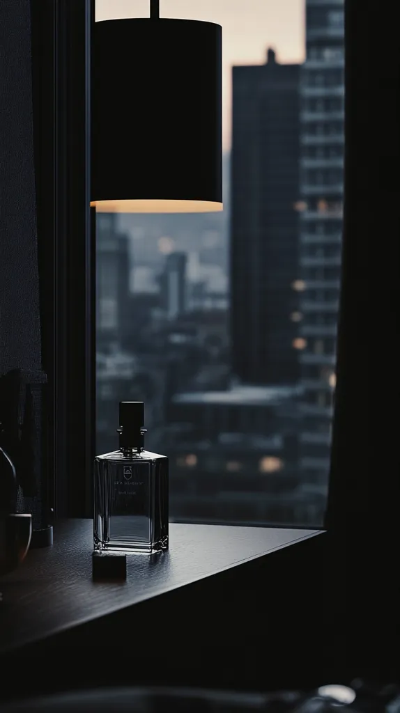 A black lampshade hangs over a wooden table with a glass bottle of perfume on it. The bottle is clear and filled with a liquid that appears dark. A window behind the table reveals a city skyline in the distance. The scene is dark and moody, with the focus being on the perfume bottle.