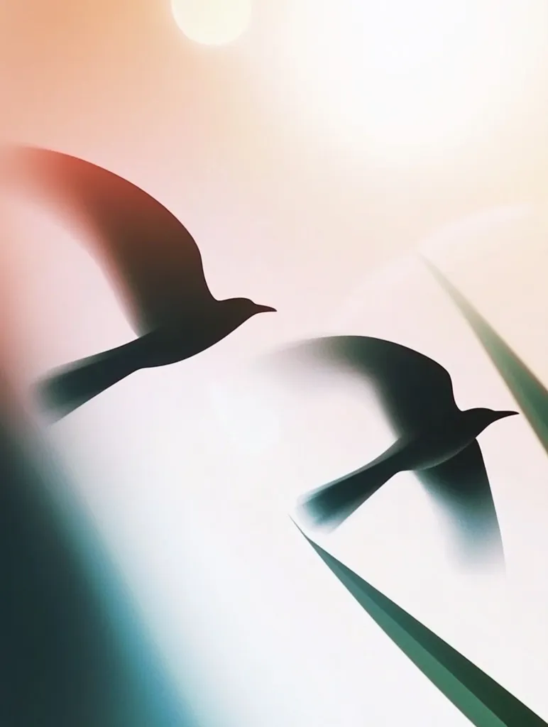 The image shows two birds in silhouette flying against a blurred background. The birds are in flight, with their wings spread out and their heads tilted forward. The background is a soft, blurry blend of pink, white, and blue, suggesting a sunset or sunrise. The image is minimalist and evokes a sense of freedom and peace.