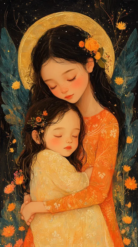 The image depicts two young girls, one with long, dark hair adorned with flowers, embracing each other. The older girl wears an orange dress with floral patterns, while the younger girl is in a soft yellow gown. Their eyes are closed, suggesting peace and tenderness. A halo of golden light surrounds them, creating a gentle, ethereal atmosphere. The background features delicate floral details and a hint of blue, hinting at a magical and serene setting. The artwork evokes a sense of love, protection, and the beauty of youth.