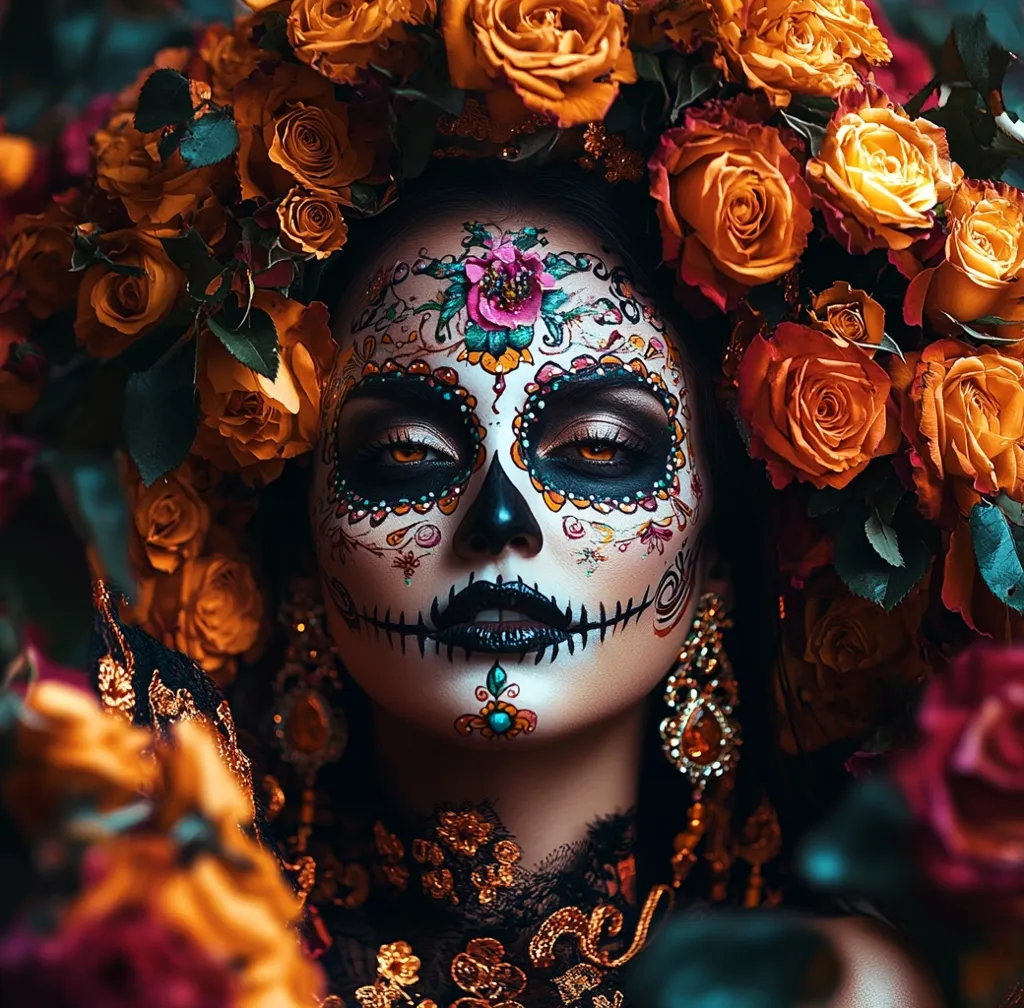 The image shows a woman with a sugar skull makeup design, surrounded by orange roses. The makeup is intricate and colorful, depicting a skull with floral patterns and a prominent black mouth. Her eyes are accentuated with black eyeliner and vibrant orange eyeshadow. The woman wears large, ornate gold earrings, adding to the dramatic and festive feel of the image. The overall impression is of a celebration of life and death, reminiscent of the Mexican tradition of Día de Muertos.