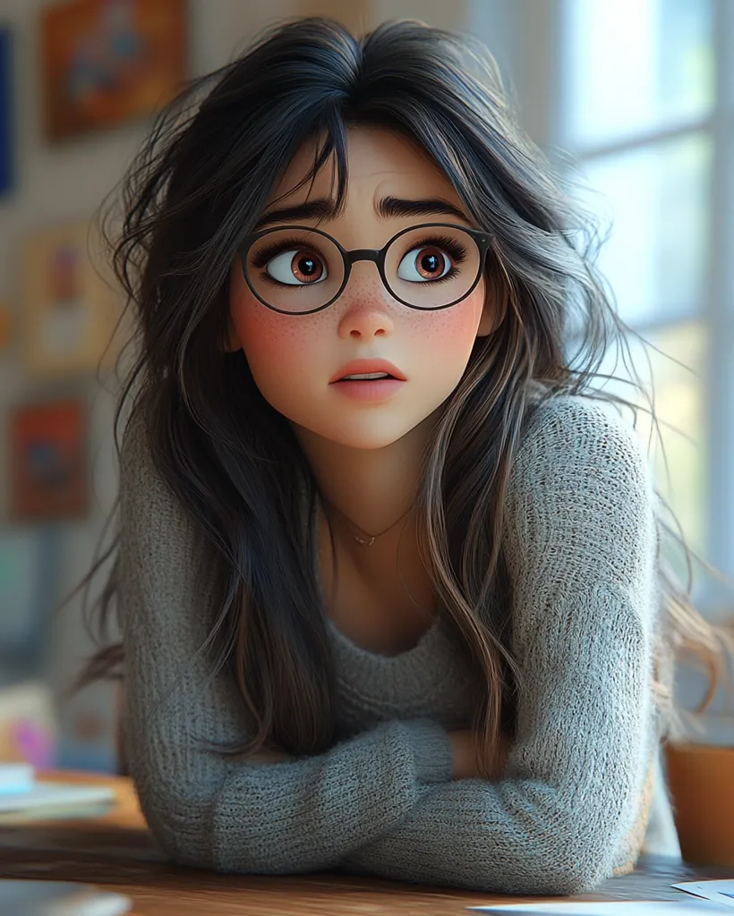 A young woman with long, dark hair is wearing round, black-rimmed glasses and a gray sweater. She has large, brown eyes and a thoughtful expression on her face. She is looking upwards, her arms resting on a wooden table. The image has a soft, dreamy quality, with blurred backgrounds and warm lighting.