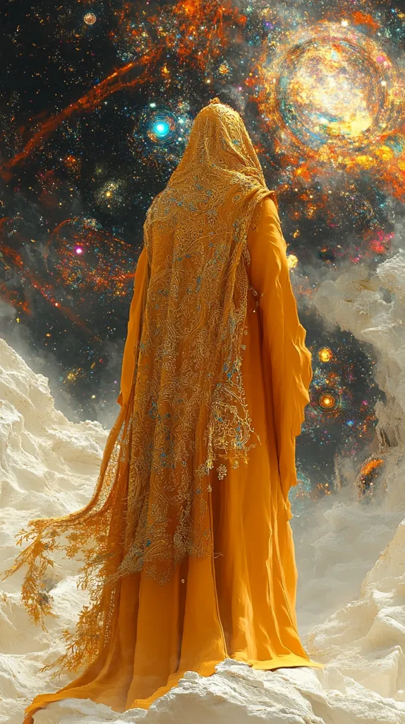 A figure wearing a flowing, golden robe stands before a vast cosmic scene. The robe is adorned with intricate embroidery, catching the light of distant stars. The background features a swirling nebula with vibrant hues of orange, yellow, and blue, while scattered stars create a sense of wonder and vastness. The figure's silhouette against the celestial expanse evokes a sense of mystery and awe.