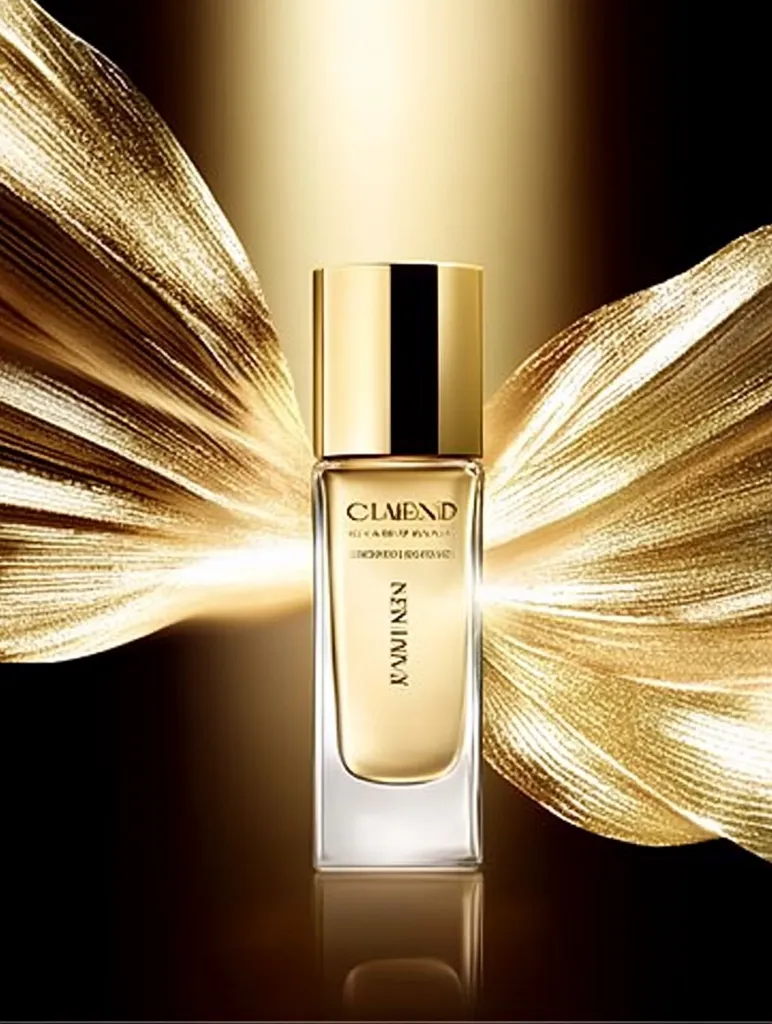 A glass bottle of golden liquid perfume sits on a smooth, dark surface. It is surrounded by shimmering, folded gold fabric, creating a luxurious and elegant feel. The bottle's label reads "Clarins" and "Concentrated Rose Oil."  The reflection of the bottle on the surface adds depth to the image.  The overall ambiance is one of sophistication and indulgence.