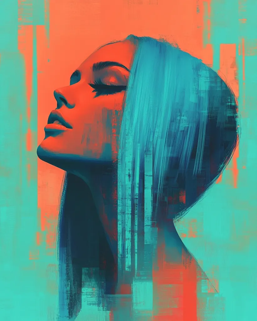 A woman with teal hair and a red face is the subject of this digital painting. The woman is looking up with her eyes closed, and her head is tilted back. The background is a blend of teal, orange, and red, creating a vibrant and abstract effect. The use of bold brushstrokes and color creates a sense of energy and movement.