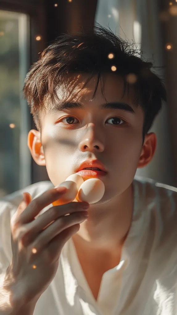 A young man with dark hair and a white shirt holds three eggs in his right hand, resting them against his chin. His expression is neutral, with a slight smile playing on his lips. The image is shot with a soft, natural light, creating a warm and intimate atmosphere.  He is bathed in a warm light, and the overall effect is one of gentleness and vulnerability.  There are soft, twinkling lights in the background, suggesting a magical or dreamlike quality.