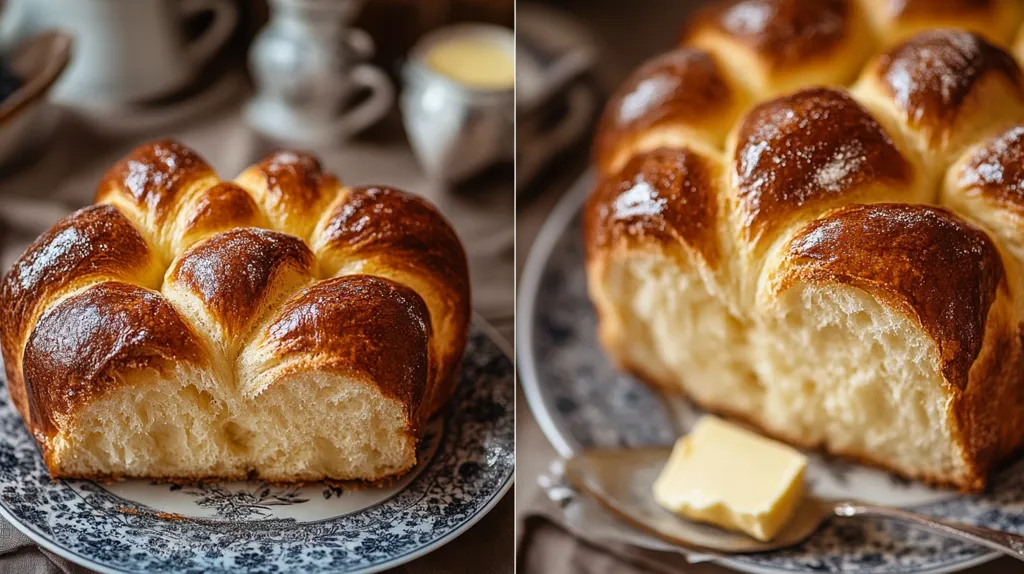 A freshly baked brioche loaf, golden brown and glistening, sits on a blue and white patterned plate. A sliver of butter sits on a silver knife nearby. The brioche is split open, revealing its soft, fluffy interior. The image is warm and inviting, suggesting a delicious and comforting treat.