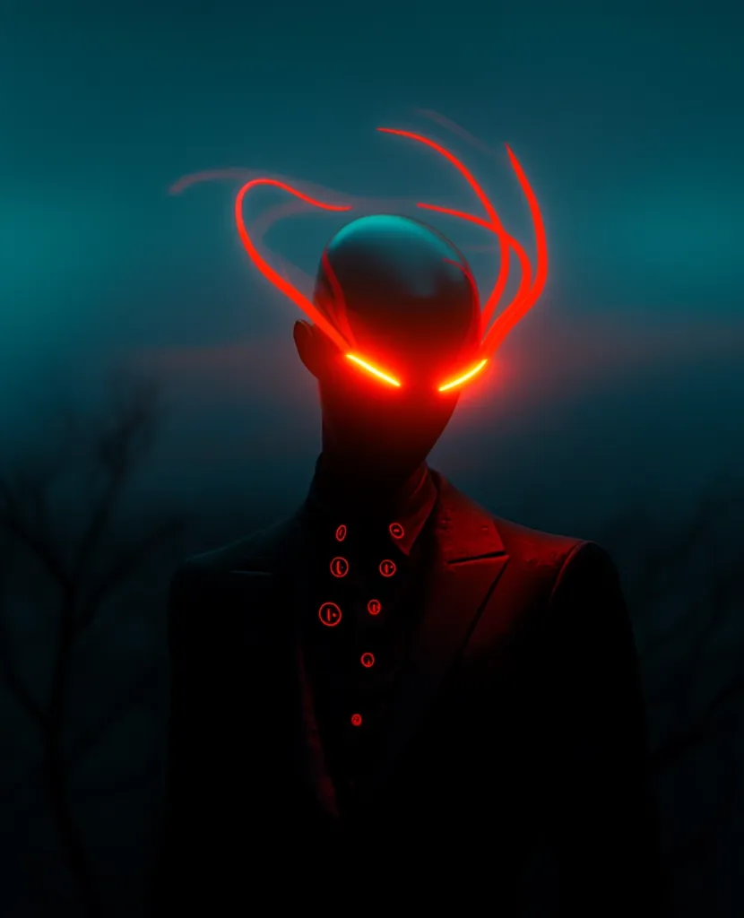 A shadowy figure stands in the dark, their face illuminated by a glowing red light.  Their eyes are glowing red, and a red halo surrounds their head. They are dressed in a dark suit with a tie, and their face is obscured by darkness. The image has a mysterious and eerie atmosphere.