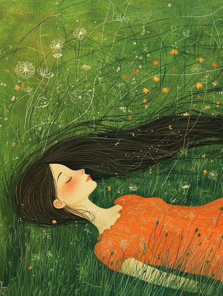 A woman with long black hair lies on her back in a field of tall green grass, her eyes closed. She wears an orange dress with intricate patterns. The air is filled with delicate white and orange flowers, their stems reaching towards the sky. The image evokes a sense of peace and tranquility.