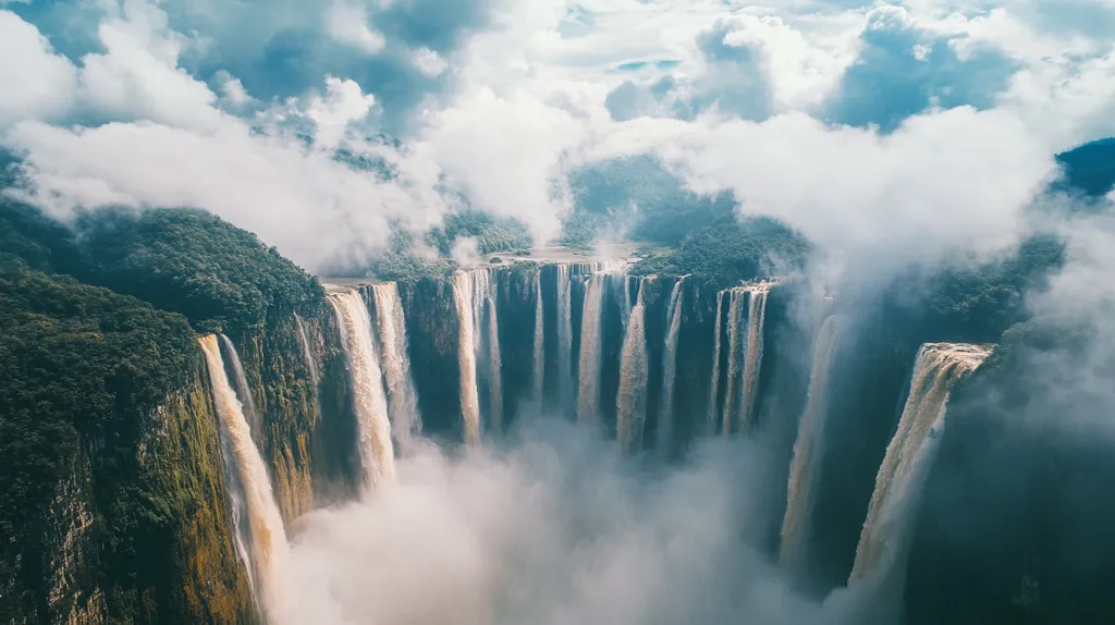 The image showcases a breathtaking aerial view of a majestic waterfall cascading down a rocky cliff face, shrouded in a veil of ethereal mist. The waterfall is surrounded by lush greenery and the sky above is dotted with fluffy white clouds. The scene evokes a sense of tranquility and awe, emphasizing the raw beauty of nature. The water plunges over the edge in a series of cascading drops, creating a mesmerizing spectacle of force and grace. The mist rising from the waterfall creates a dreamy atmosphere, blurring the edges of the world and inviting the viewer to lose themselves in the moment.