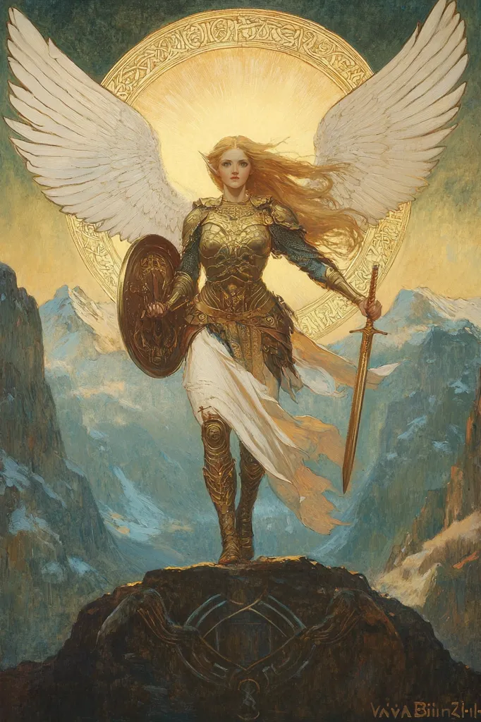 The image depicts a female angel with large, white wings, standing on a rocky mountaintop. She wears golden armor and a flowing white robe, holding a sword and a shield. A bright light emanates from behind her, casting a halo effect. The background features snowy mountains and a blue, hazy sky. The overall impression is one of power, divinity, and protection.