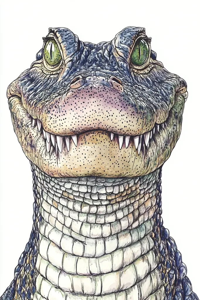 A detailed illustration of an alligator's head and neck. The alligator is looking directly at the viewer with its mouth slightly open, revealing sharp teeth. Its green eyes are focused and alert. The illustration captures the textured scales of the alligator's skin, from the rough, bumpy scales on its head to the smooth, overlapping scales on its neck. The artist has used a range of greens, browns, and yellows to create a realistic portrayal of the animal. The white background highlights the details of the alligator's face and scales.
