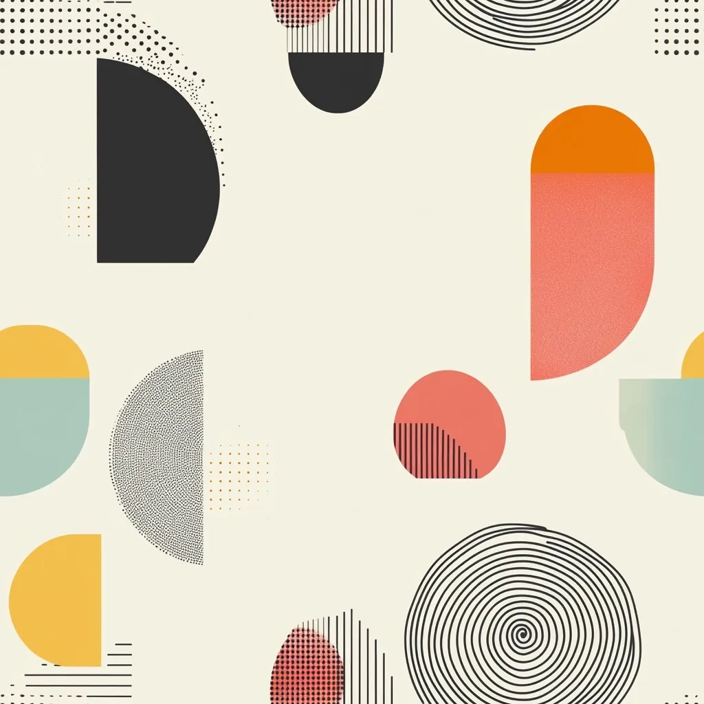 The image is a seamless pattern with an abstract geometric design. It features a variety of shapes, including circles, semicircles, and swirls, in a variety of colors, including yellow, orange, red, blue, and black. The shapes are arranged in a random pattern against a cream background.  The overall effect is modern and playful.