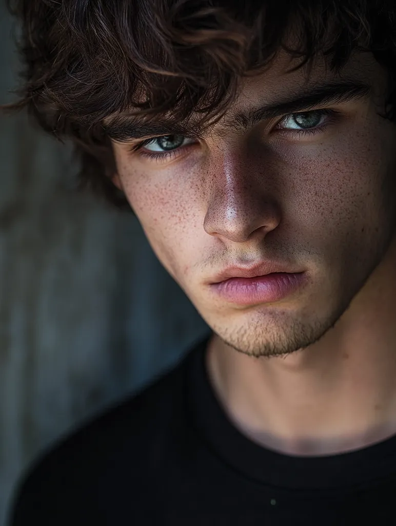 A young man with dark, curly hair looks intensely at the camera. He is wearing a black t-shirt and has a small amount of facial hair. His face is framed by the shadows, and his eyes are focused and sharp. The image is close-up and intimate, creating a sense of mystery and intrigue.