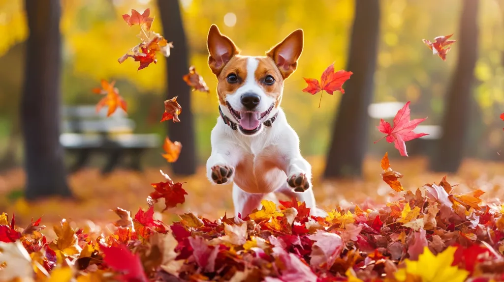 A happy Jack Russell Terrier dog leaps through a pile of autumn leaves in a park.  The dog is mid-air, with its tongue sticking out and its ears perked up.  The leaves are a mix of red, orange, and yellow, and they are swirling around the dog. The background is blurred, with trees and a bench visible.