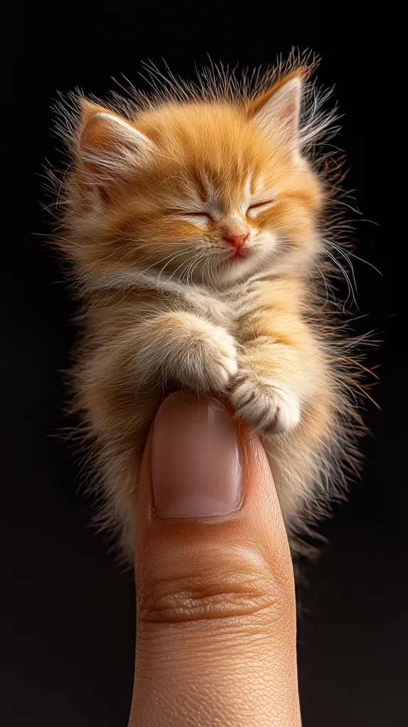 A tiny orange kitten with closed eyes sleeps peacefully, curled up in the palm of a hand. The kitten's soft fur and delicate features are highlighted against the dark background. The image captures the innocence and fragility of a newborn kitten.