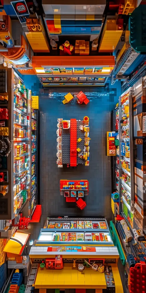 A Lego supermarket with colorful shelves full of tiny Lego products. There are Lego shoppers, checkout counters, and aisles. The image is taken from a bird's-eye view, giving a unique perspective of the miniature Lego world. The vibrant colors and intricate details create a playful and imaginative scene.