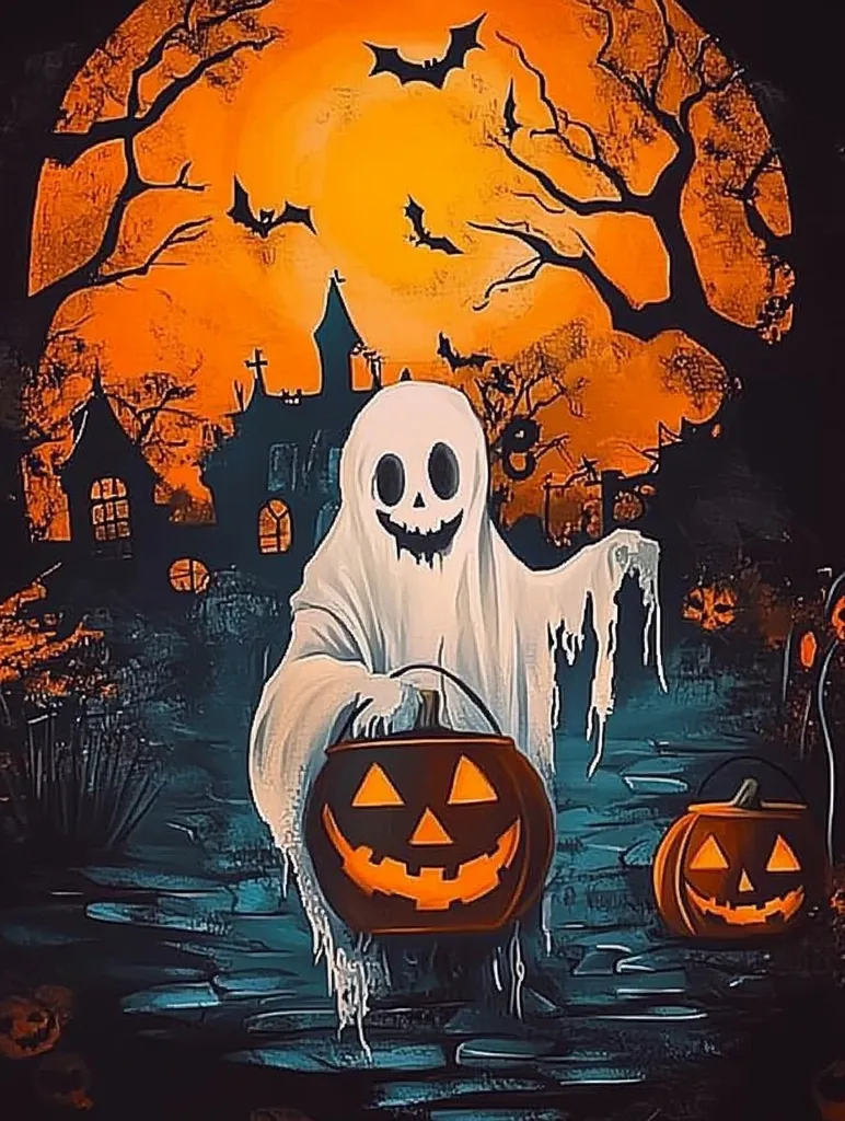 The image depicts a spooky Halloween scene. A friendly ghost in a white sheet is holding a glowing jack-o'-lantern. In the background, a silhouette of a haunted house stands against an orange moon. Bats fly across the sky.  The dark, mysterious scene is illuminated by the jack-o'-lantern's cheerful glow.