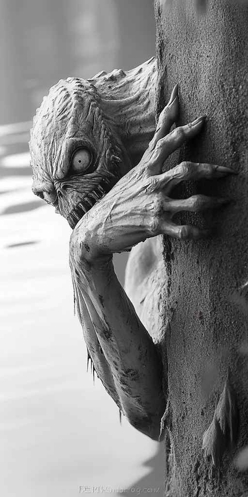 A monstrous, clawed hand emerges from behind a rough, textured surface. The creature's face is obscured by the hand, but its sharp teeth and wide, empty eye sockets are visible. The image is in black and white, creating a stark and unsettling atmosphere.
