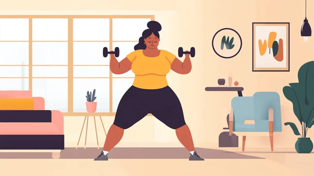 A woman in a yellow shirt and black pants is lifting weights in her living room. She has dark hair and is smiling. There is a couch, a plant, a chair, and a picture on the wall. The room is decorated in a minimalist style. The woman is focused on her workout and appears to be enjoying it.  She is exercising at home, demonstrating a commitment to her fitness goals.