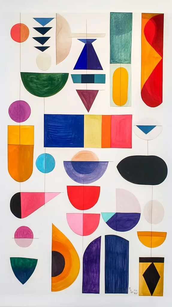 The image is a colorful abstract painting featuring geometric shapes. The shapes include circles, squares, rectangles, triangles, and crescents. The colors used are bright and bold, such as red, yellow, blue, green, and orange. The shapes are arranged in a seemingly random order, but there is a sense of balance and harmony in the overall composition. The painting is simple yet striking and evokes a feeling of playfulness and joy.