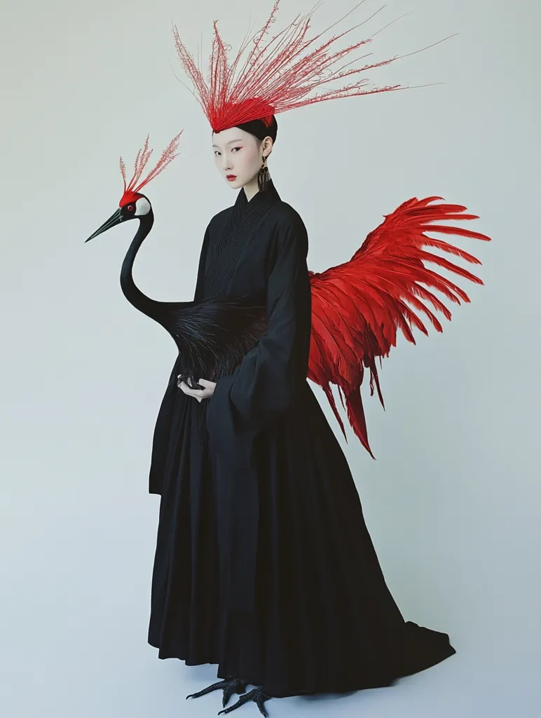 A woman in a long black dress with a dramatic red feather headdress holds a black crane with its wings extended. The red feathers from the headdress cascade down her back, creating a striking contrast against her black clothing. The woman’s expression is stoic, her eyes gazing slightly upwards. The image has a surreal and mysterious quality.