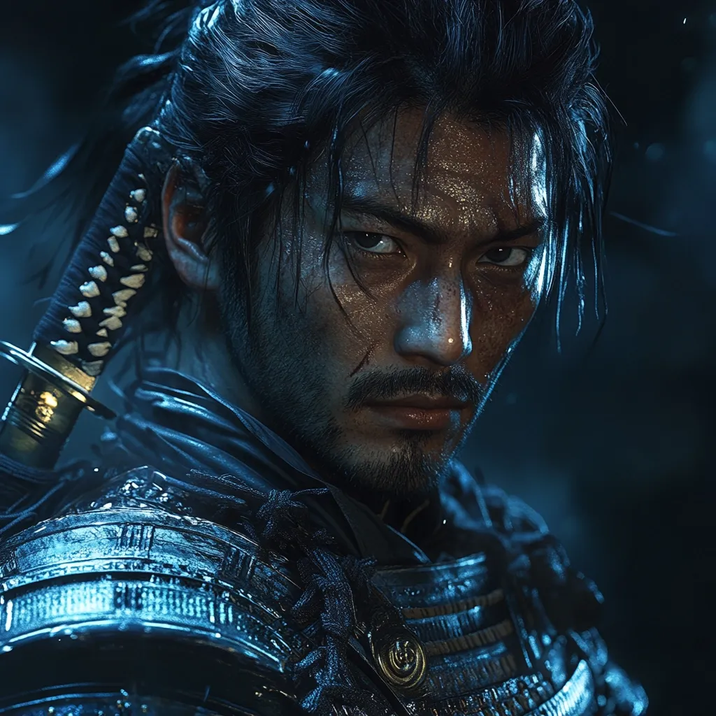 The image shows a close-up portrait of a samurai warrior. His face is illuminated by a blue light, highlighting his intense gaze and determined expression. He wears traditional samurai armor, including a helmet and a sword. The image evokes a sense of strength, focus, and readiness for battle. The dark background and sharp lines create a dramatic and captivating visual.  The warrior's eyes are fixed on something just out of frame, conveying a sense of anticipation or danger. The overall mood is intense and dramatic, emphasizing the samurai's unwavering resolve.