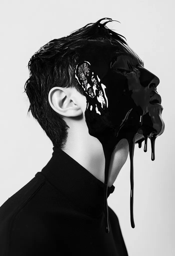 A person with black hair and a black turtleneck is covered in black liquid that is dripping down their face and neck. The image is in black and white, creating a dramatic and moody atmosphere. The person's expression is stoic and their eyes are closed, suggesting a sense of mystery and intrigue. The overall effect is one of darkness and transformation.