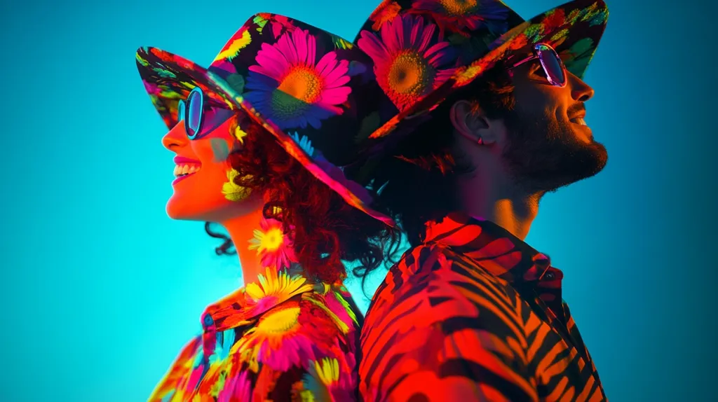 A man and a woman are shown wearing matching floral patterned hats and shirts.  They are standing back to back, and the woman is looking to the right while the man looks to the left. They are smiling. The background is a vibrant blue. The couple appears to be in a playful or romantic mood.