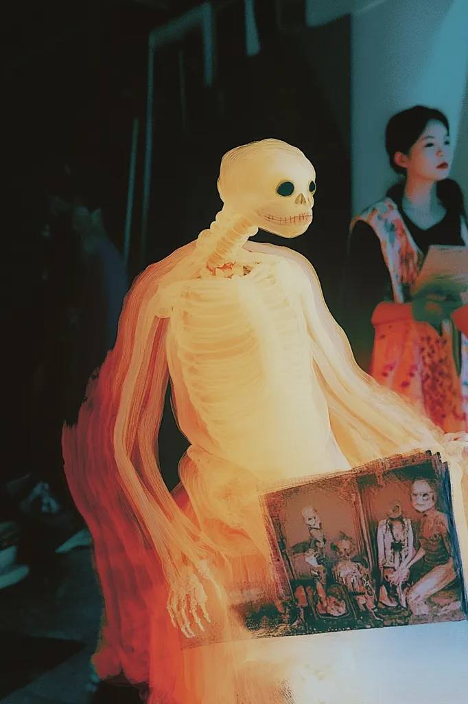 A skeletal figure in a glowing white dress holds a photo album in its skeletal hand.  The figure is standing in front of a blurred background of a woman with dark hair wearing a colorful floral print blouse.  The photo album contains images of  older women in their 60s. The scene has a creepy, supernatural feel.