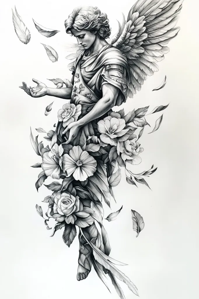 The image is a detailed pencil drawing of an angel with wings, standing in a garden of flowers. The angel is a young male with long hair and a serious expression. He has large wings made of feathers and wears a flowing robe. The flowers around him are all in bloom, with delicate petals and leaves. The overall tone of the image is serene and peaceful. The artist has captured the ethereal beauty of the angel with its delicate details. The leaves and feathers are drawn with great skill and precision. The image is a testament to the artist's skill and the power of pencil as an art medium.