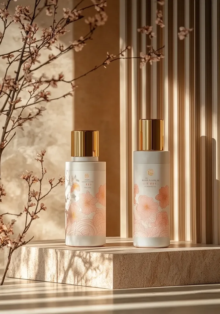 Two elegant, white bottles with gold lids and delicate pink floral patterns sit on a textured, light-colored platform. The bottles are placed in front of a textured, striped background, likely a wall. A sprig of delicate pink blossoms leans in from the left side of the image. The light is soft and warm, creating a sense of luxury and serenity.