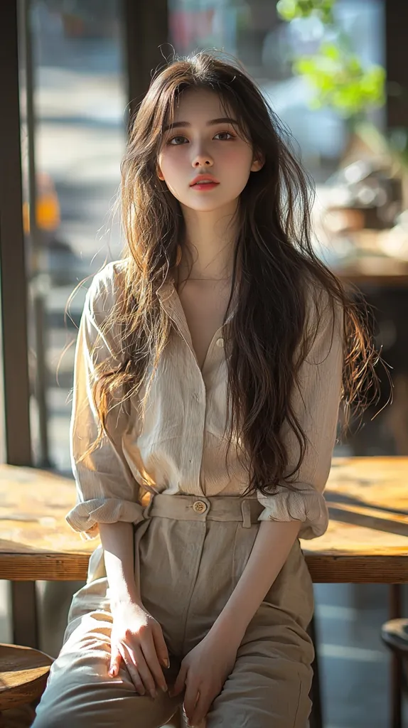 A young woman with long, dark hair sits at a wooden table. She wears a beige button-down shirt and matching pants. Her arms are crossed and she looks directly at the camera with a slight smile. Her makeup is natural and she has a gentle expression on her face. The sun shines through a window behind her, casting a warm light on her.