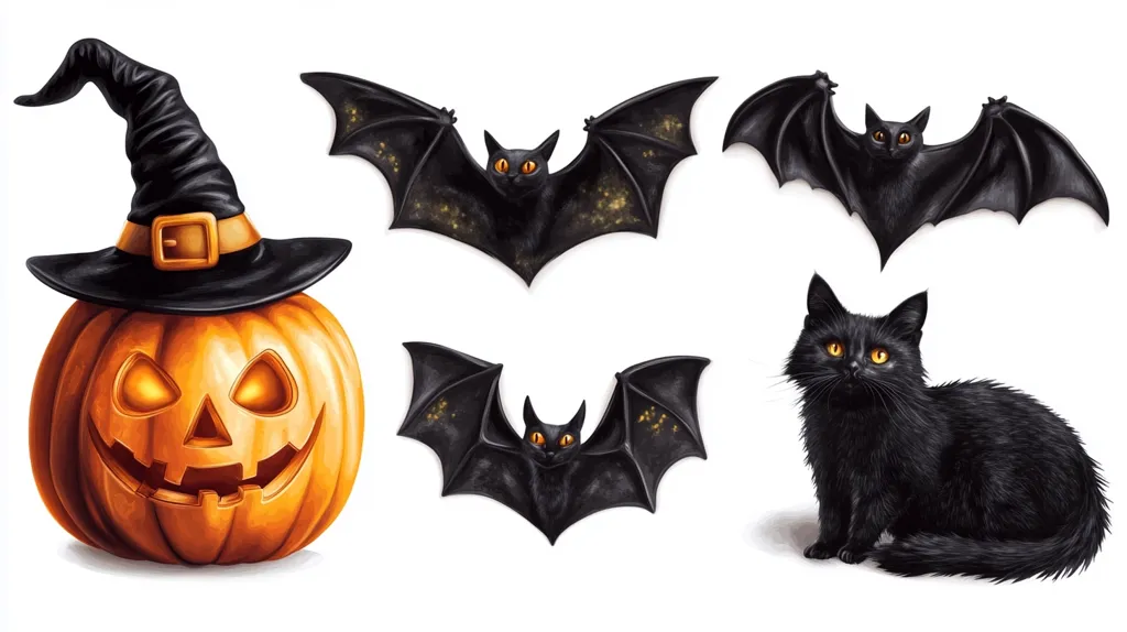 A jack-o-lantern with a witch's hat sits in the foreground. Three black bats with yellow eyes, spread their wings in the background. A black cat with bright yellow eyes sits to the right of the pumpkin. All the objects are isolated on a white background. The image is a Halloween-themed composition.
