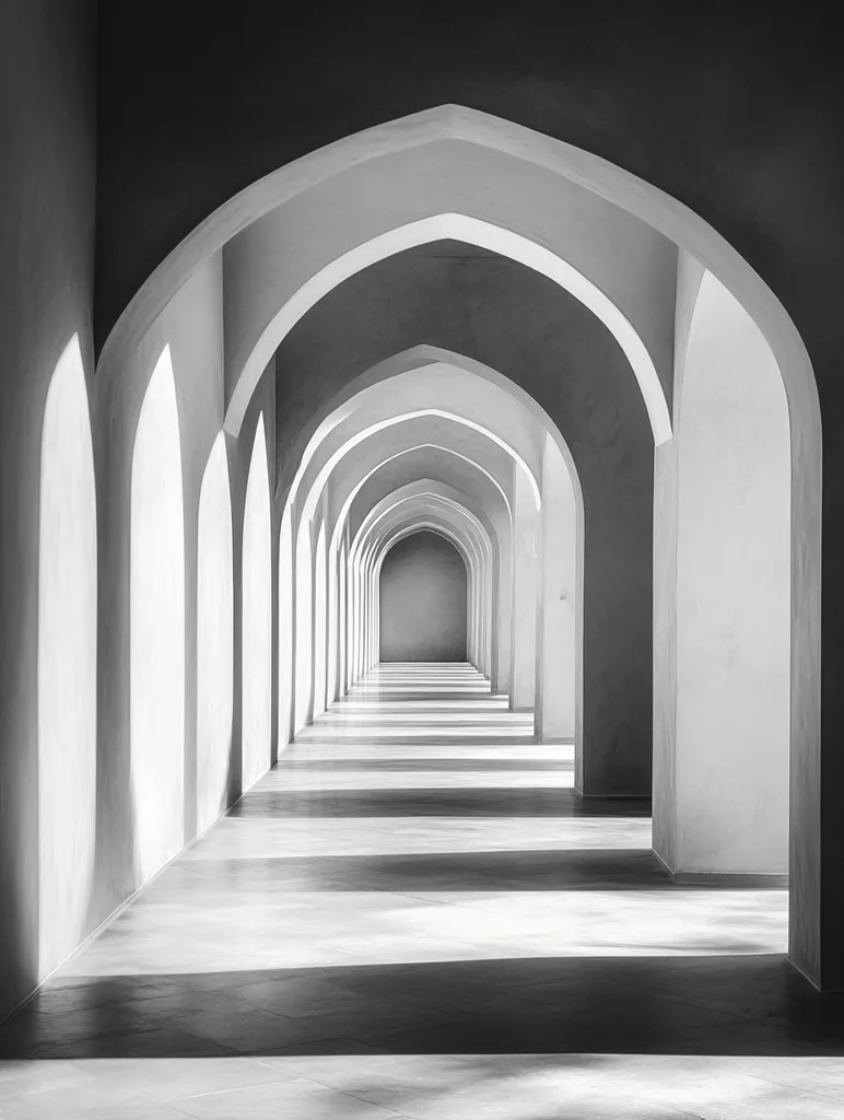 A black and white photo of an architectural structure with multiple archways and white walls. The perspective creates a sense of depth and the light casts long shadows on the floor.  The image evokes a sense of mystery and tranquility.