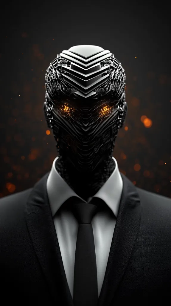 A mysterious figure with a dark, intricately patterned helmet and glowing eyes. The figure is dressed in a sharp black suit and a white shirt with a black tie. The background is blurred, creating a sense of intrigue. The image conveys a sense of power, secrecy, and perhaps even danger.