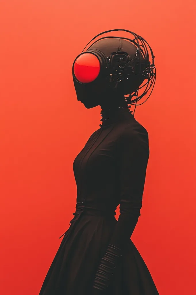 A mysterious figure stands in silhouette against a bright red background. They wear a black dress and a helmet with a single, glowing red eye. Their form is striking and almost otherworldly, suggesting a futuristic or cyberpunk aesthetic. The red background creates a stark contrast with the black figure, drawing attention to their unique design.