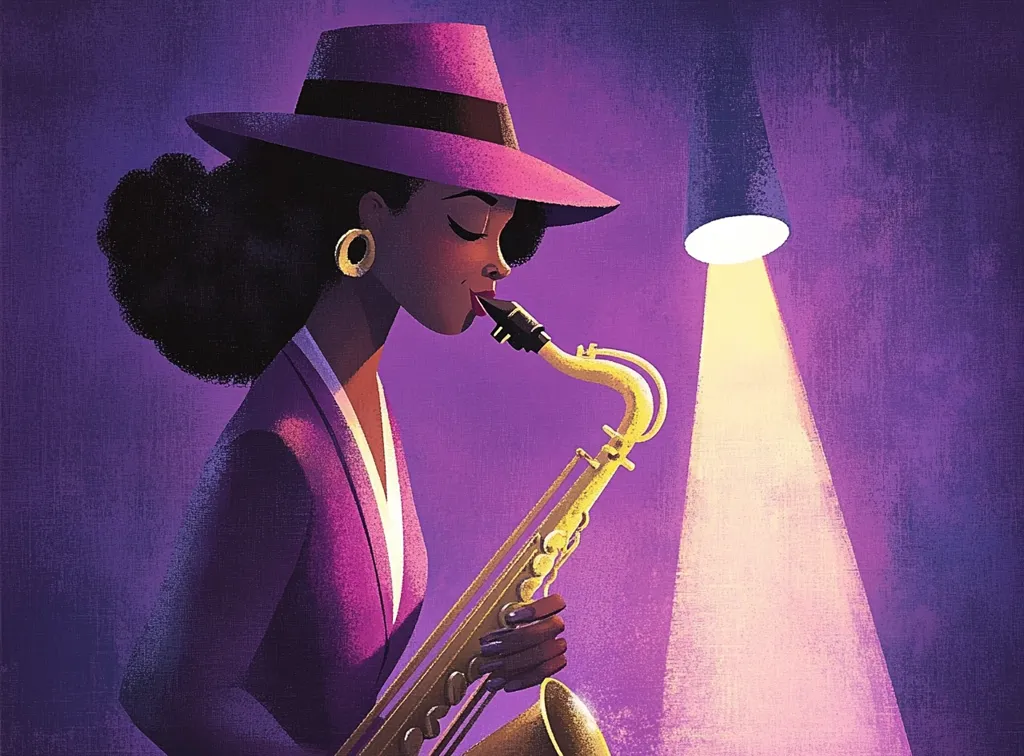 The image features a woman with dark skin wearing a purple suit and a wide-brimmed hat. She is playing a saxophone in a dimly lit room with a spotlight illuminating her from above. The atmosphere is mysterious and stylish, creating a jazz club vibe.