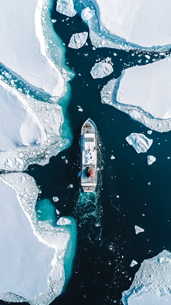 An aerial view of a white ship sailing through a narrow channel of deep blue water. The channel is bordered by white ice formations, creating a stunning contrast. The ship is small in comparison to the vastness of the ice and water, highlighting the immense scale of the natural environment. The image captures a serene and isolated moment in the Arctic region.