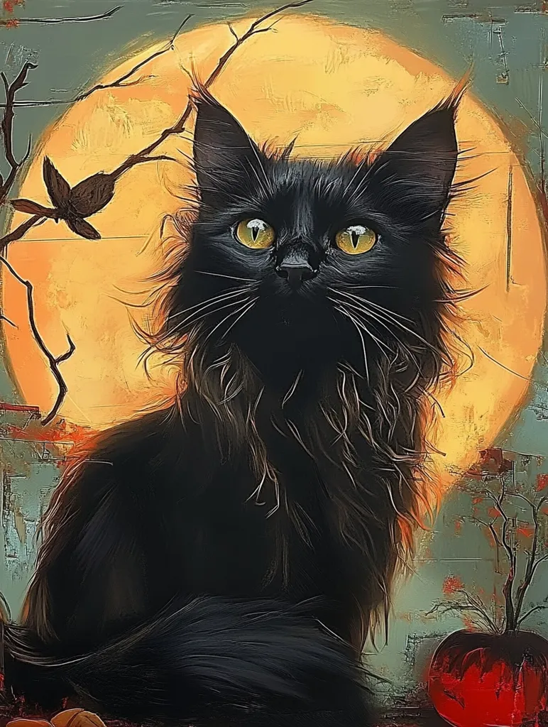 A black cat with piercing yellow eyes stares intently at the viewer. The cat is positioned in front of a large, glowing, yellow moon,  which is partially obscured by a silhouette of a bare tree branch. The background is painted in shades of green and blue, with a hint of red from a partially visible object in the bottom right corner of the frame. The painting evokes a sense of mystery and intrigue.