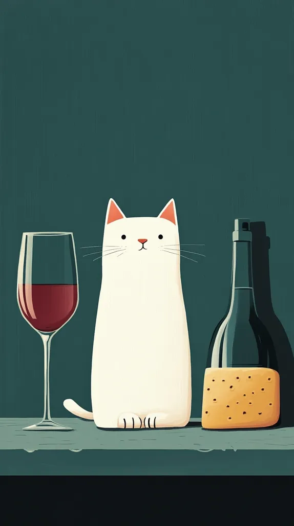 The image is a minimalist illustration of a white cat sitting on a table next to a glass of red wine and a bottle of wine. The cat is looking directly at the viewer with a neutral expression. The background is a solid teal color. The image has a simple, modern aesthetic.  The image is likely a representation of the cat's "sophisticated"  enjoyment of wine.