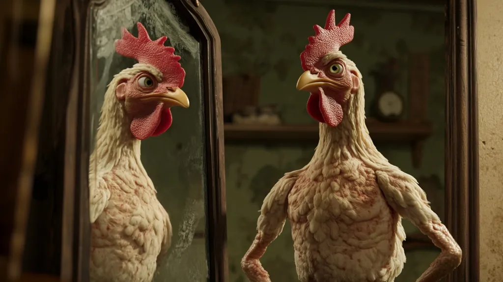 A white chicken with a red comb and wattle stands in front of a mirror. Its reflection is staring back at it with a serious expression. The chicken is in a room with rustic wooden shelves and a clock in the background. The chicken has a muscly, human-like physique, but its feathers are still visible. The image evokes a sense of absurdity and humor.