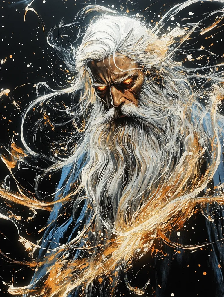 The image depicts a powerful, older man with long white hair and a beard. He is wearing a blue robe, and his eyes are glowing. He is surrounded by a swirling, golden light, and the background is dark and full of splattered paint. The image is dramatic and evocative, suggesting a powerful and possibly dangerous figure. The art style is expressive and dynamic.
