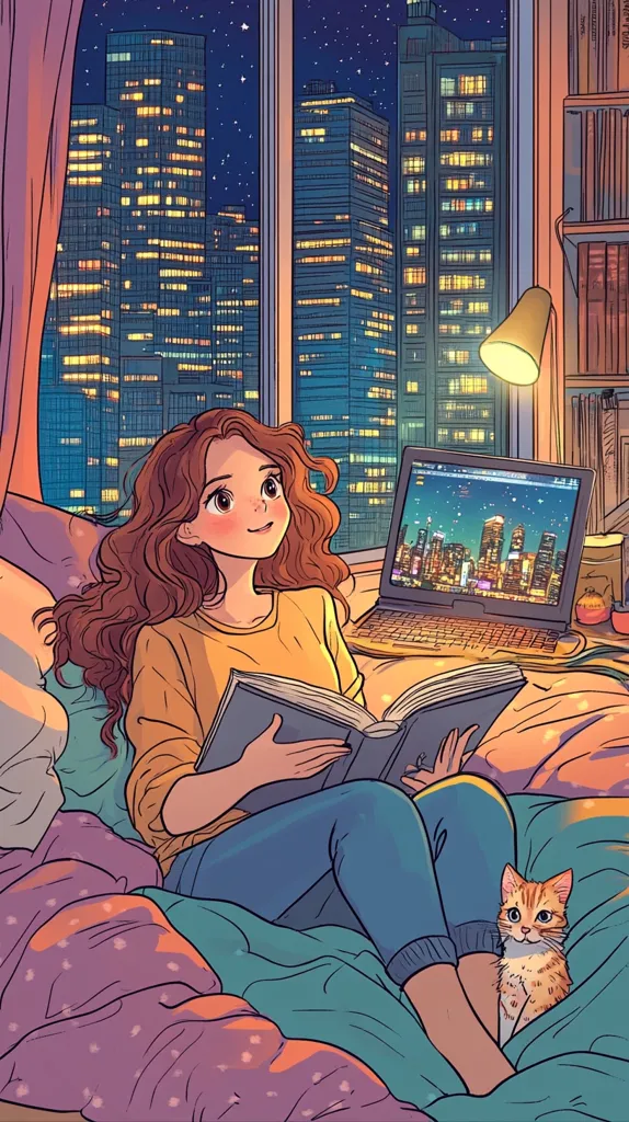 A young woman with long brown hair is sitting in bed, reading a book. She is wearing a yellow shirt and blue jeans. A cat is curled up beside her. A laptop computer is open on the bed, and the screen shows a cityscape at night.  The room is lit by a lamp and the city lights that can be seen through the window.  The scene depicts a cozy and relaxing evening.