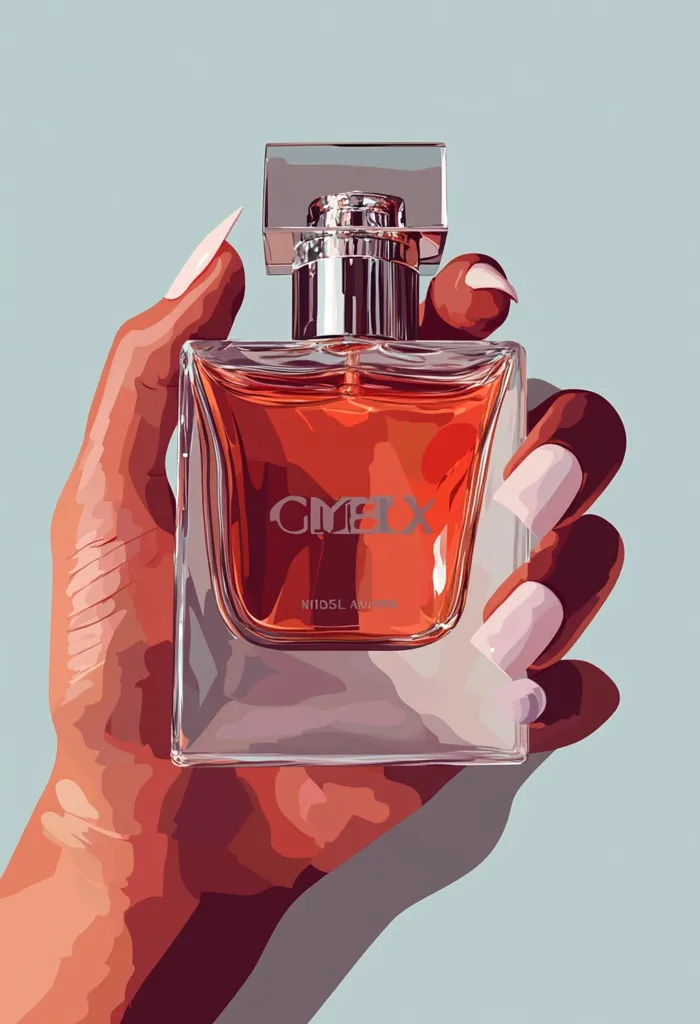 A hand with long, manicured nails holds a bottle of perfume. The bottle is clear glass and filled with a reddish liquid. The label on the bottle reads "GMELX" and "NIIDSL AWUN". The background is a light blue.  The image is simple and elegant, showcasing the perfume bottle in a stylish way.  The use of bold colors and sharp lines creates a striking visual.  The overall impression is one of luxury and sophistication.