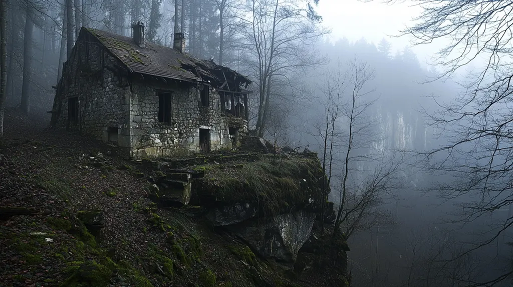 A dilapidated stone house perches precariously on a cliff edge, shrouded in fog and surrounded by bare trees. The building appears abandoned and neglected, its windows boarded up and its roof partially collapsed. The misty atmosphere and desolate setting create a sense of mystery and foreboding. The scene evokes feelings of isolation and decay.