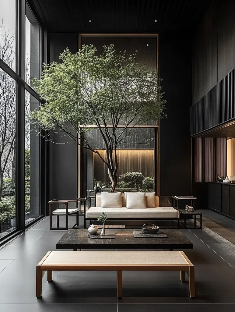 A minimalist living room with a black and white color scheme. A large window overlooks a lush green garden, with a small tree in the middle of the room. The seating consists of a long sofa with white cushions and a low, rectangular bench. A coffee table sits between the two, with a small plant and other decorative items. The room is lit by natural light from the window, creating a serene and tranquil atmosphere.