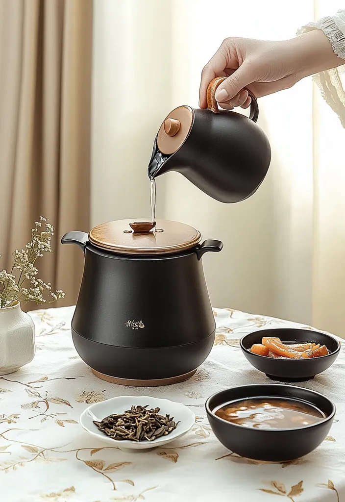 A hand pours water from a black ceramic teapot into a black electric kettle with a wooden lid. The kettle is on a white tablecloth with a floral pattern. There is also a small bowl of loose tea leaves and two black bowls, one with a brown soup and the other with pieces of food. The scene is minimalist and elegant, suggesting a focus on simple pleasures and traditional techniques.
