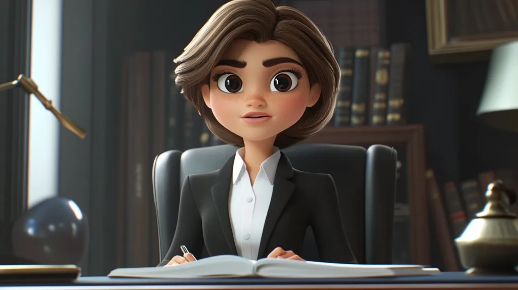 The image shows a cartoon woman with brown hair and big eyes. She is wearing a black suit and white shirt, and she is sitting at a desk in an office. There is a book open in front of her, and a pen in her hand. The office is dark and shadowy, with bookshelves filled with books in the background. The woman appears to be in a serious and focused mood.  She is surrounded by the trappings of power and authority, making her appear as a strong and intelligent figure.