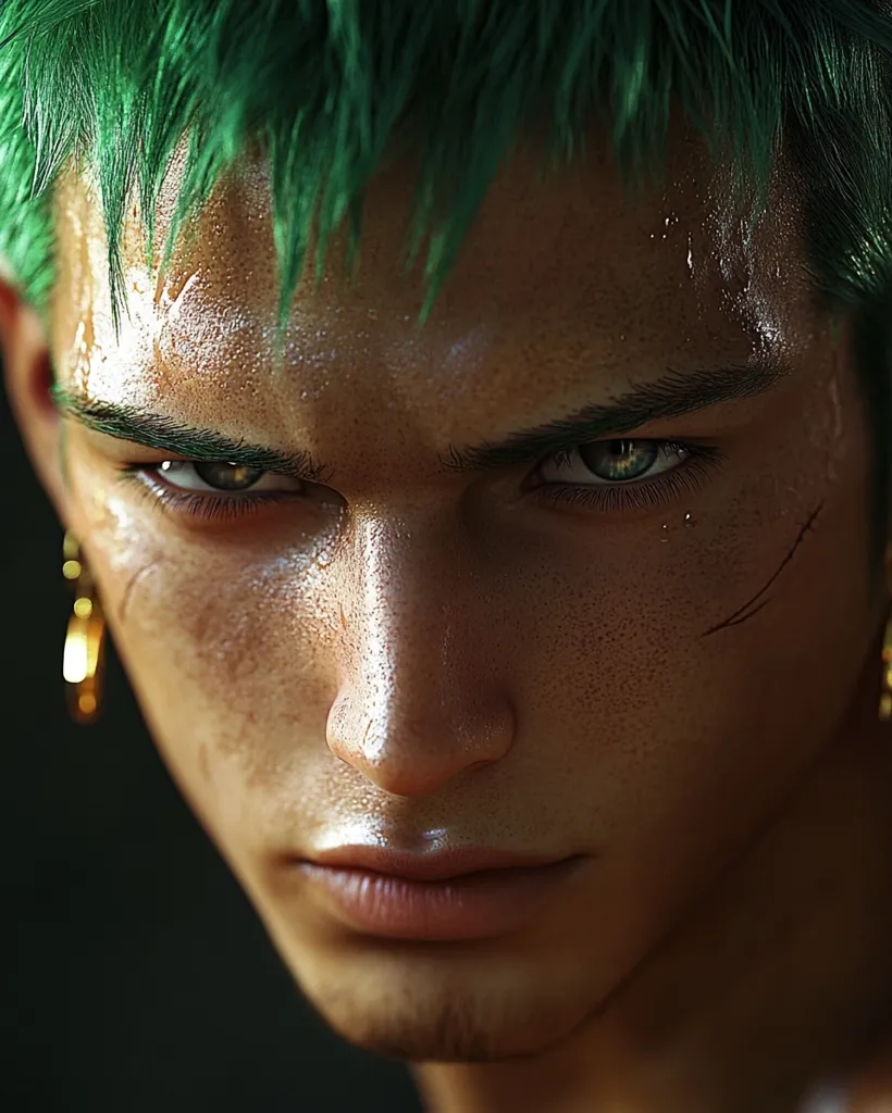 The image shows a close-up of a man with bright green hair. His eyes are narrowed in a focused, almost menacing gaze, and his face is marked with scars. He is wearing a golden earring, and his skin is slightly damp, perhaps from sweat. The lighting is dramatic, casting shadows across his features. He appears to be in a state of intense concentration or determination.