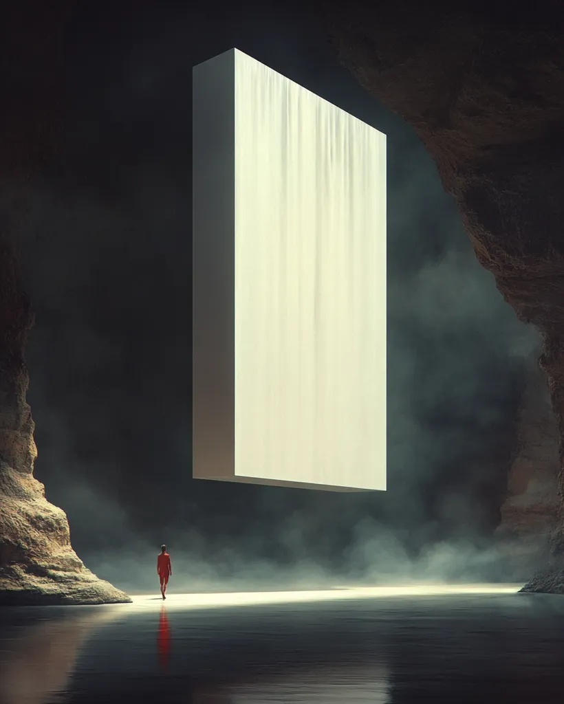 A lone figure in red walks towards a massive, rectangular white structure that hangs suspended in a cavernous space. The structure appears to be emitting a soft light, casting long shadows on the misty ground. The cave walls, partially obscured by fog, add to the sense of mystery and isolation. The overall mood is one of quiet contemplation and the unknown.